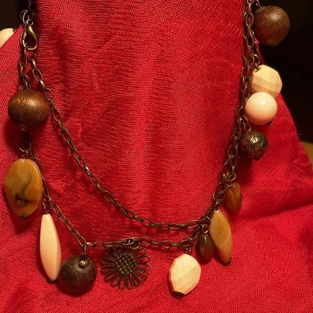 36” Necklace with Dark Gold Tones, browns, beiges and white.